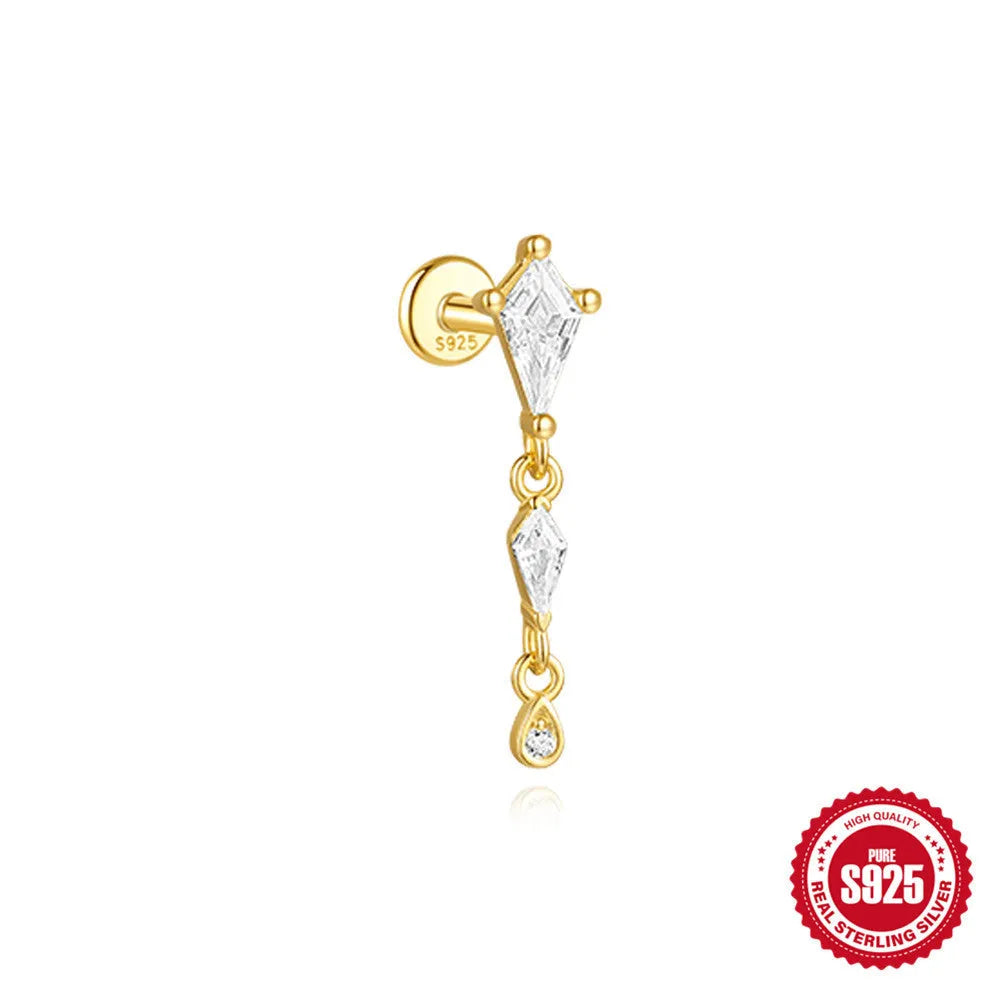 S925 sterling silver geometric kite shaped earrings with chain tassel and rhinestone detailing in gold tone finish