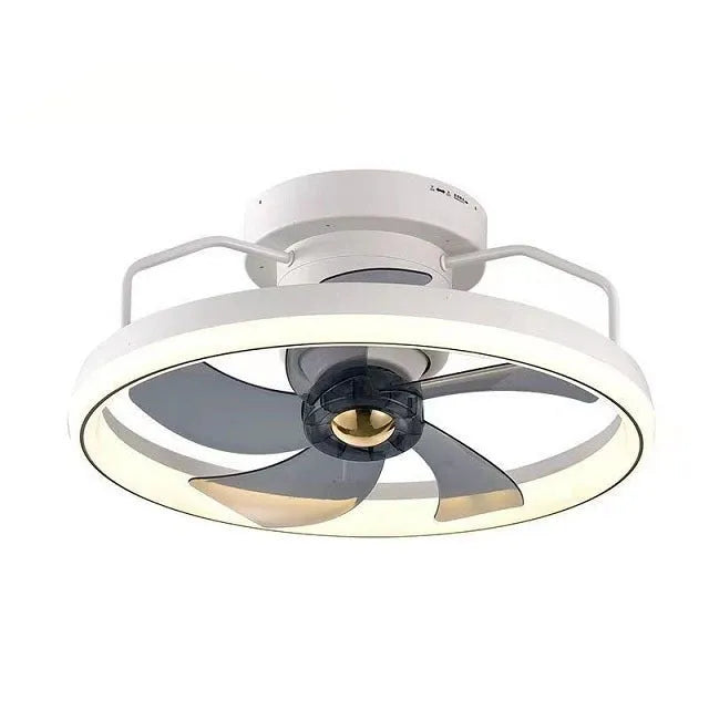 Modern white ceiling fan with integrated light and five PC blades, shown in a bedroom setting.