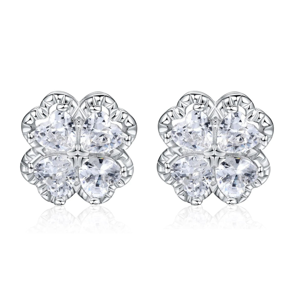 925 silver heart-shaped zircon earrings with four-leaf clover design in white gold colour