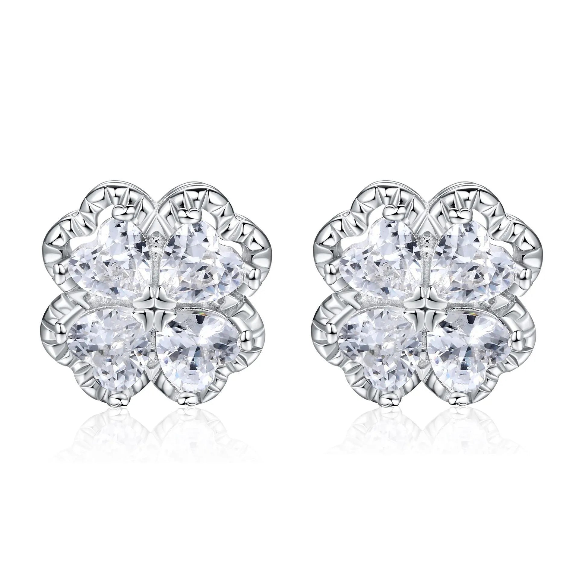 925 silver heart-shaped zircon earrings with four-leaf clover design in white gold colour