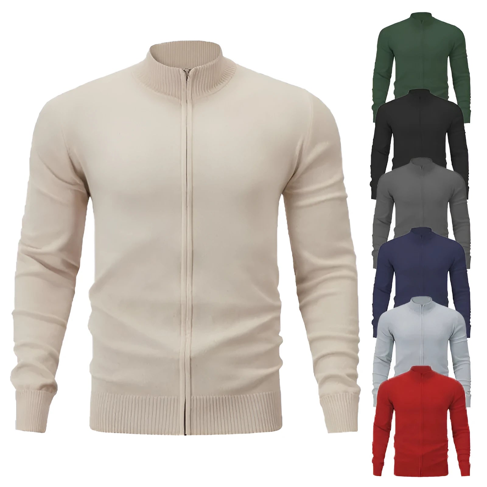 Men's grey cotton zip-up sports sweater with a stand collar shown in a loose fit