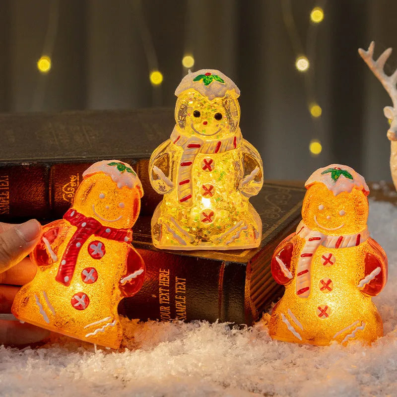 Glowing plastic gingerbread man Christmas ornament with a scarf in red, white, or transparent colours.