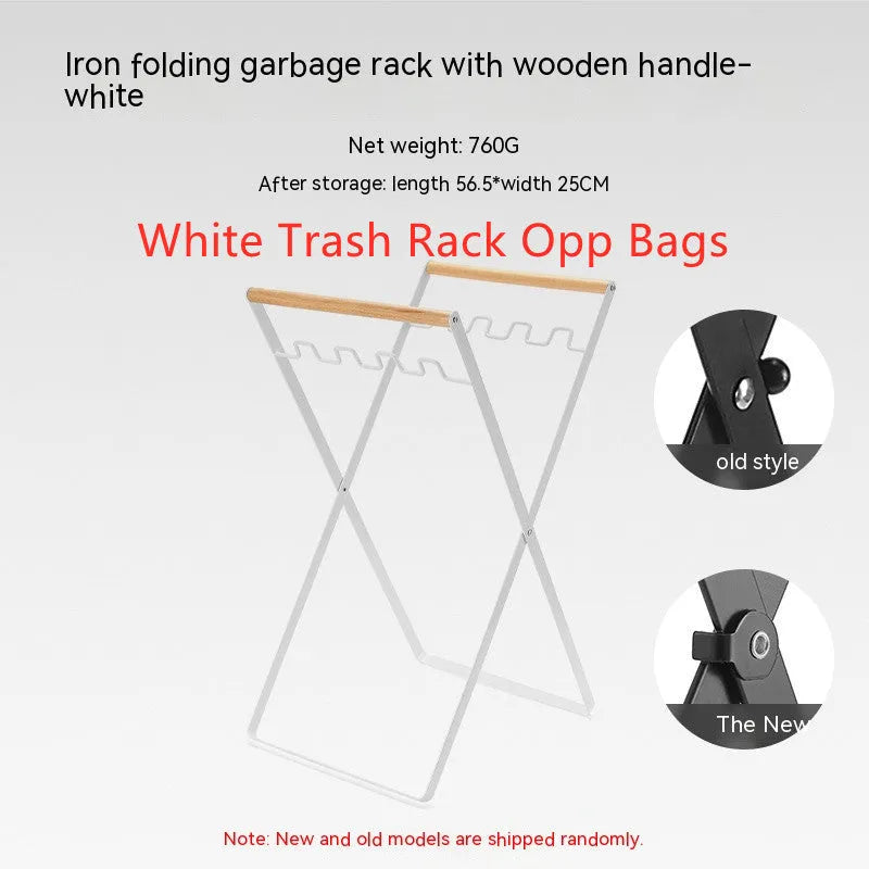 Black iron folding trash storage rack with wooden carrying handles