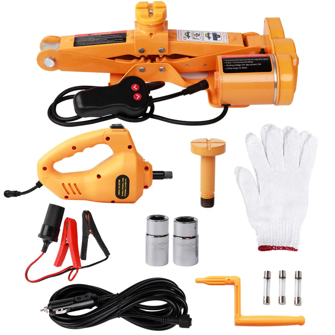 Yellow electric car jack set with 12V power cable and matching electric wrench