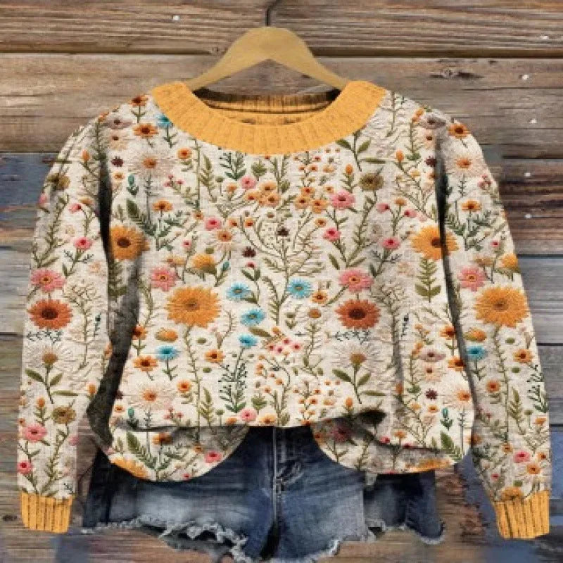 Little Flower digital printed floral pattern sweater in a round neck style.