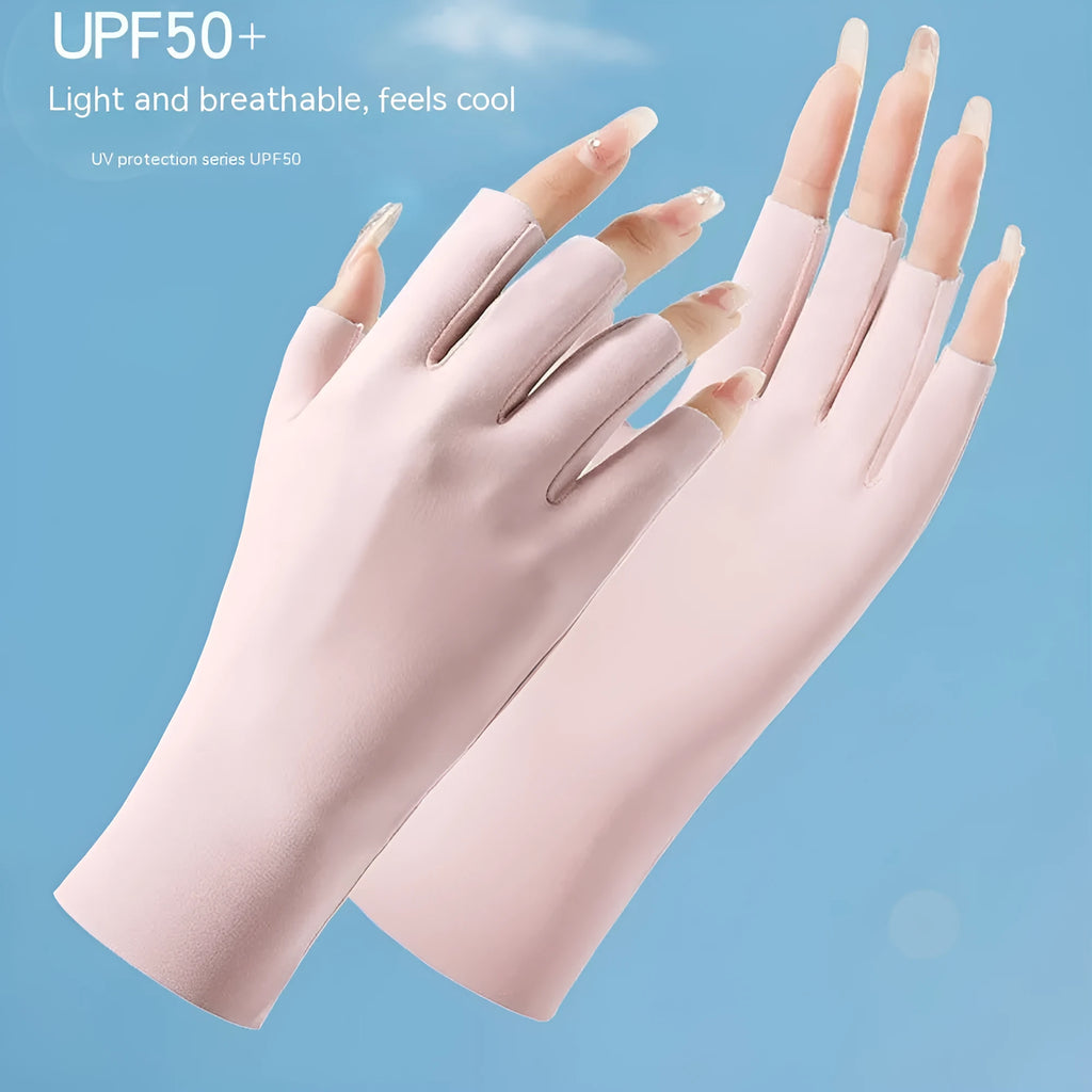 Women's fingerless UPF50+ sunscreen gloves in cooling ice silk nylon fabric