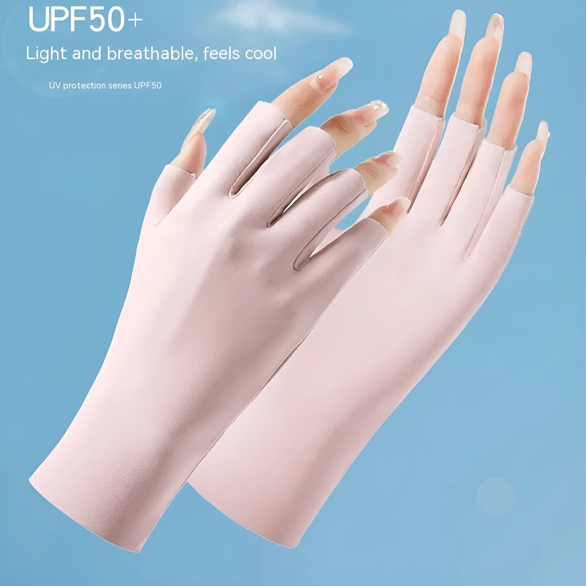 Women's fingerless UPF50+ sunscreen gloves in cooling ice silk nylon fabric