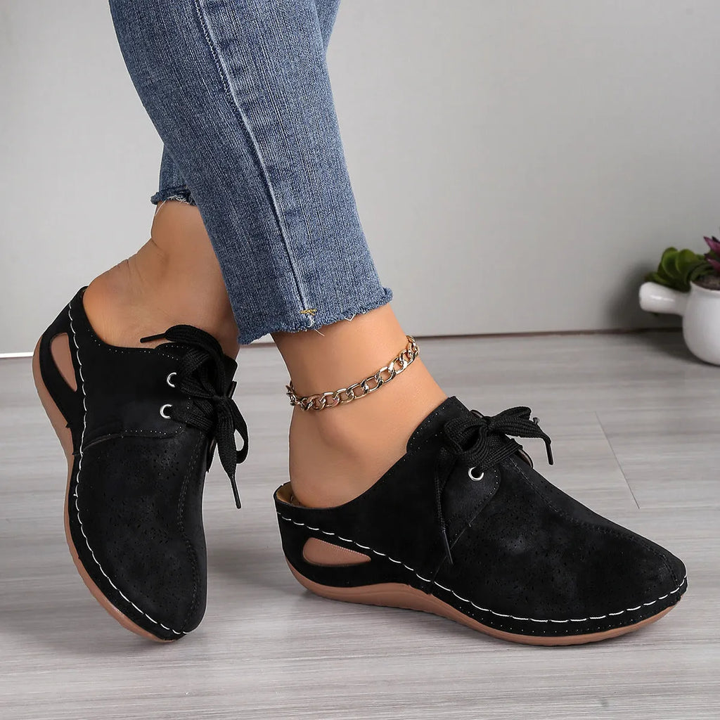 Women's lace-up wedge slippers with hollow-out suede upper and rubber sole
