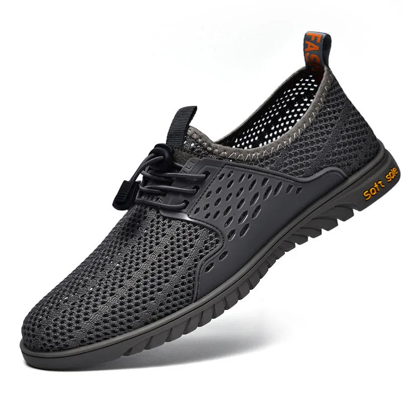 Men's black mesh casual shoes with elastic closure and round toe design