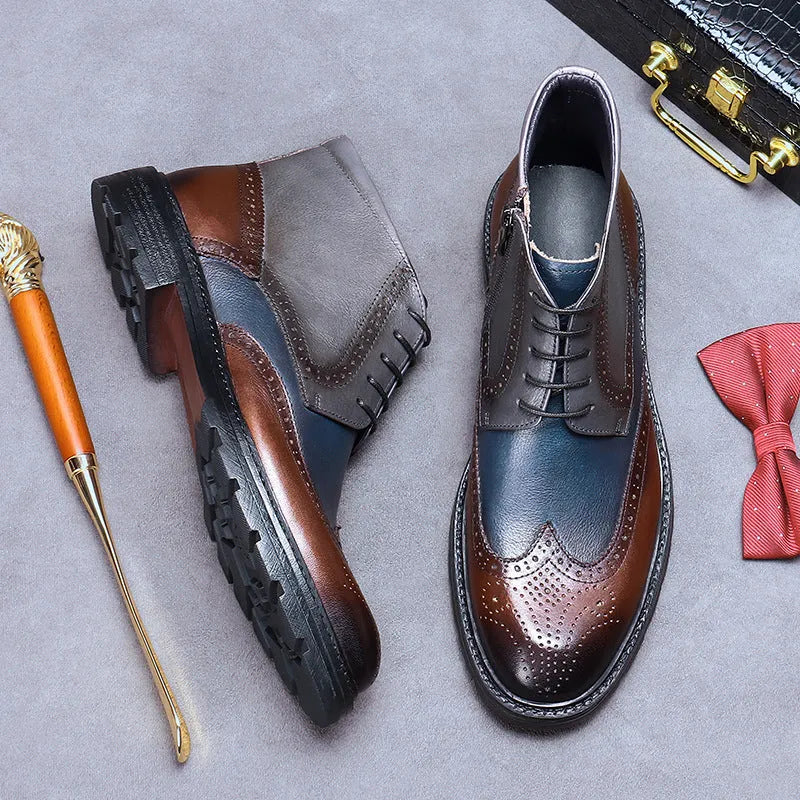 Mens curry blue leather brogue boots with colour blocking and carved design on a low square heel.