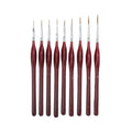 9-piece fine tip detail brush set with wood handles in black and red, nine nib sizes 000-6 for nail art and painting