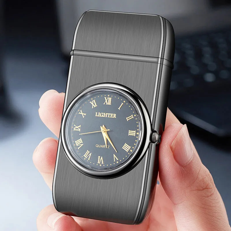 Men's multifunctional metal watch lighter with LED light shown in black brushed finish on wrist.