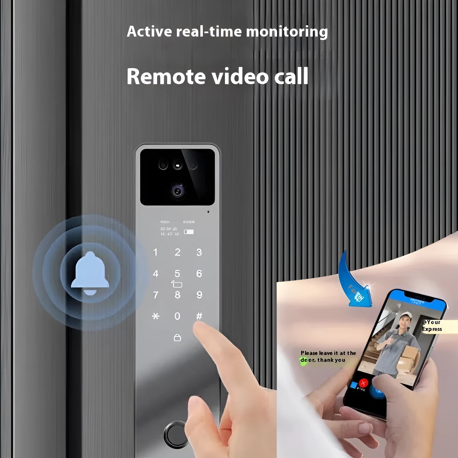 F7 model smart door lock with face recognition camera, fingerprint sensor, and keypad on aluminium alloy surface.