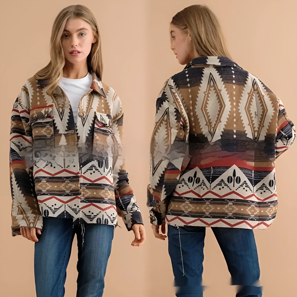Women's loose-fit retro coat with blue Aztec print and long sleeves.