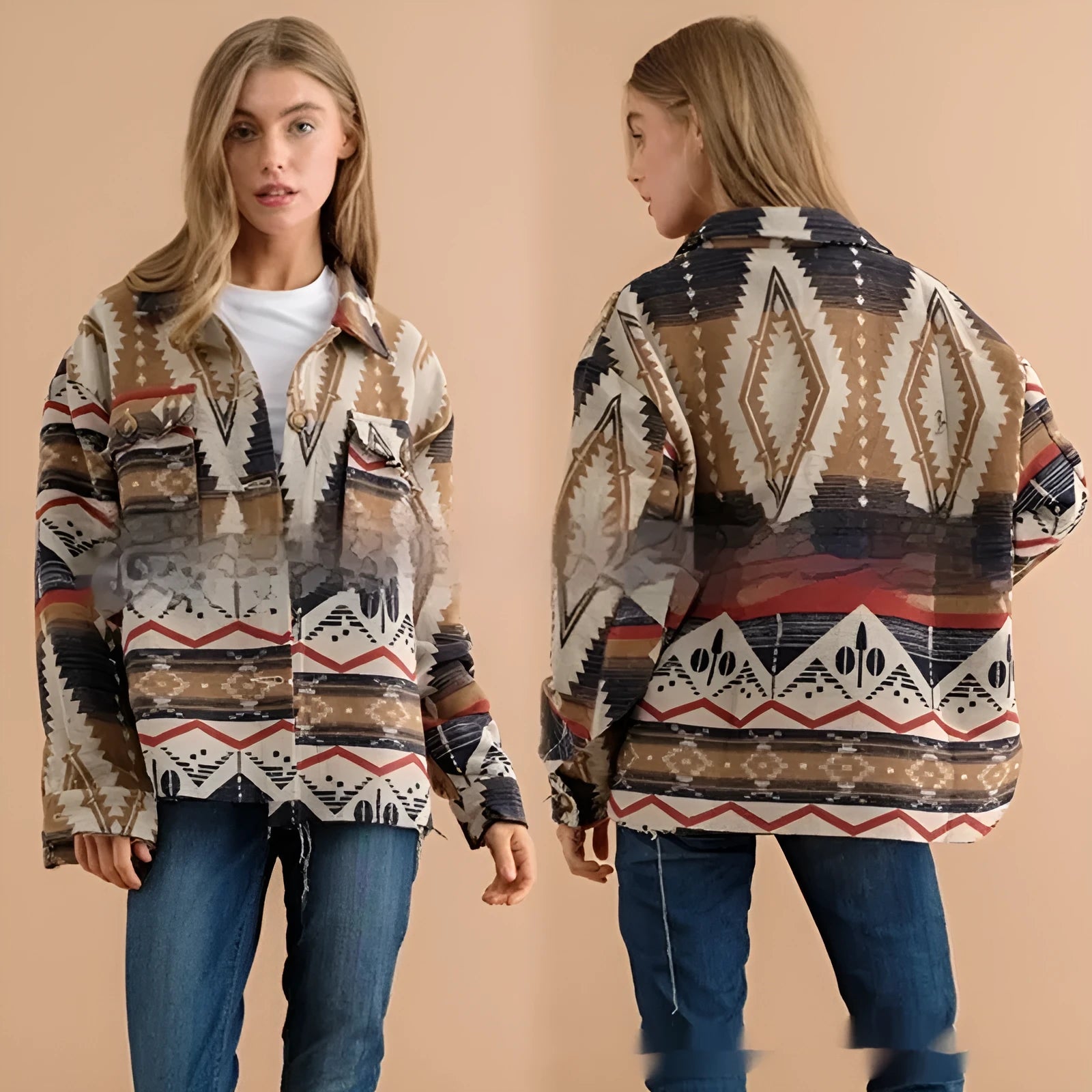 Women's loose-fit retro coat with blue Aztec print and long sleeves.
