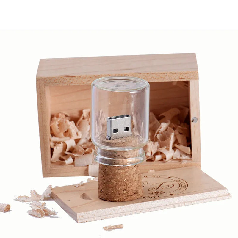 Chocolate brown wooden USB flash drive with drift bottle design showing custom engraving option