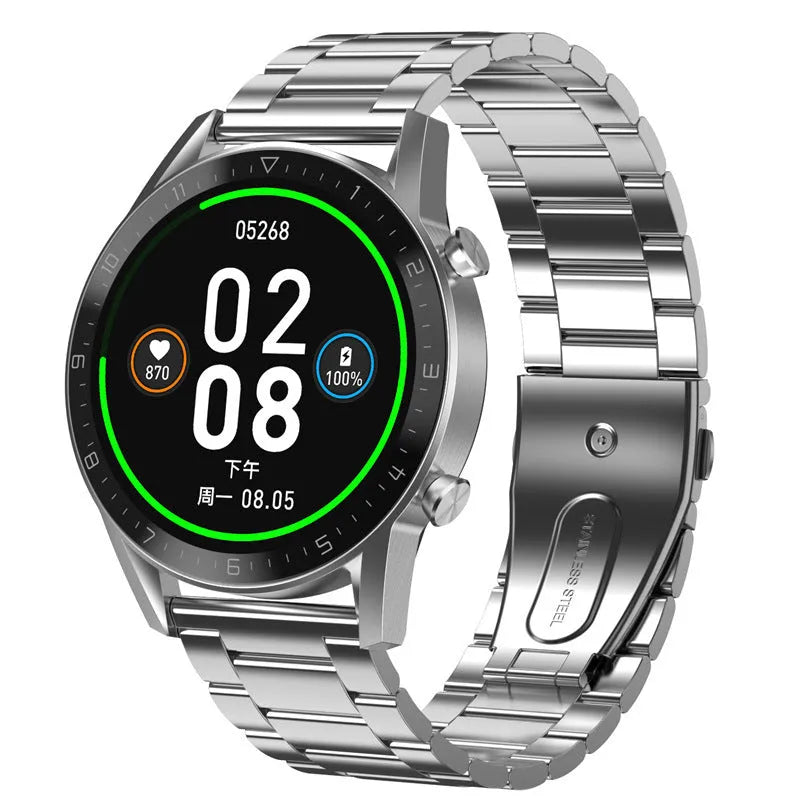 Men's black sports smart watch with 1.3-inch screen and genuine leather strap showing step counting display