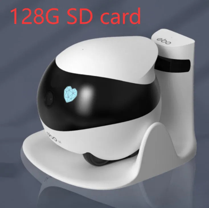 White smart home mobile surveillance robot camera on floor with docking station