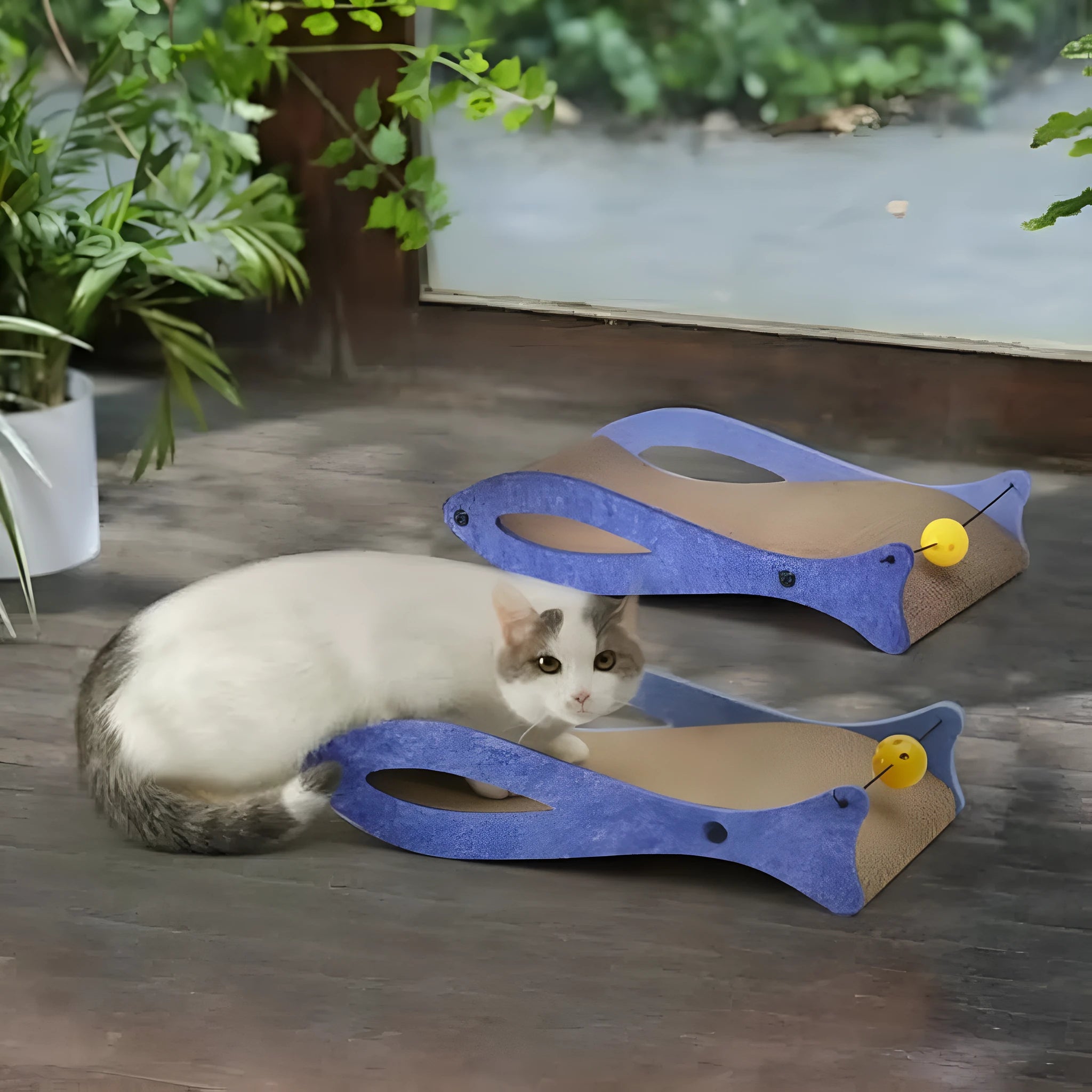 Blue fish-shaped cat scratcher with bell balls on elastic cord, corrugated cardboard construction