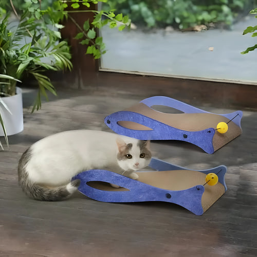 Blue fish-shaped cat scratcher with bell balls on elastic cord, corrugated cardboard construction