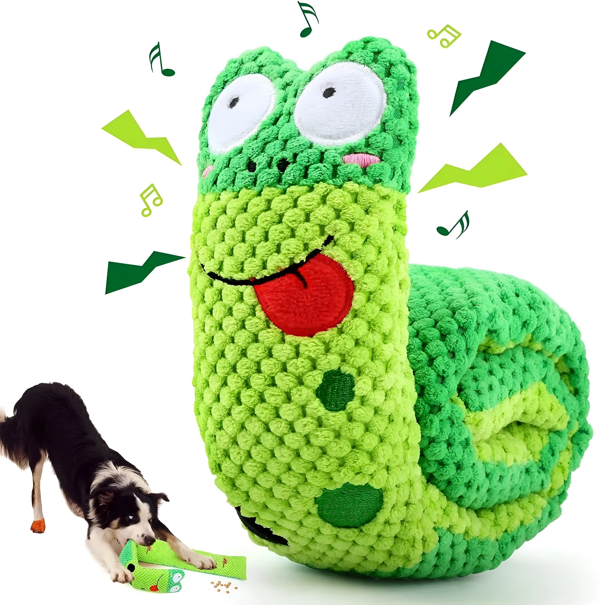 Squeaky dog puzzle snuffle toy that transforms into snail or stick shape for foraging games.