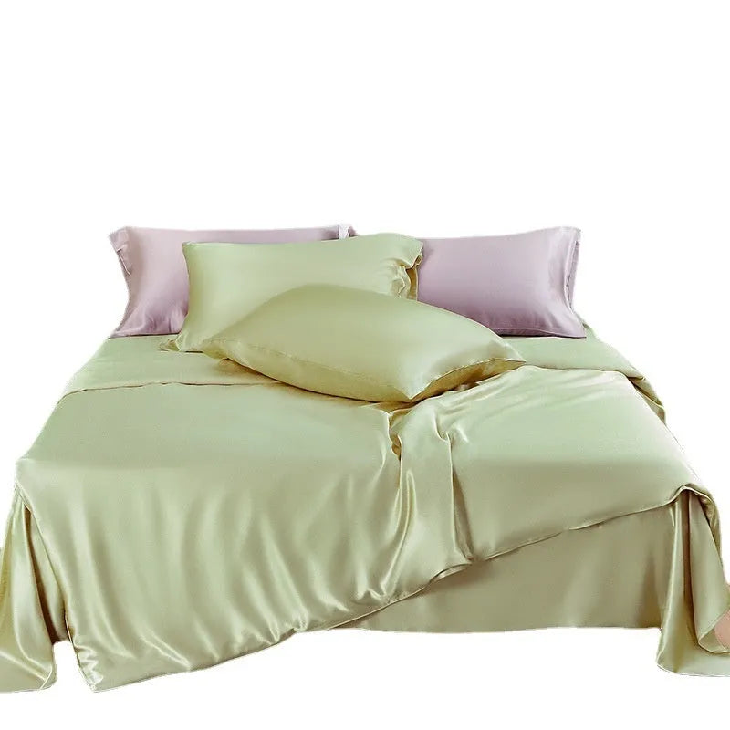 Double-sided silk duvet cover in bright brown colour, shown on a bed.