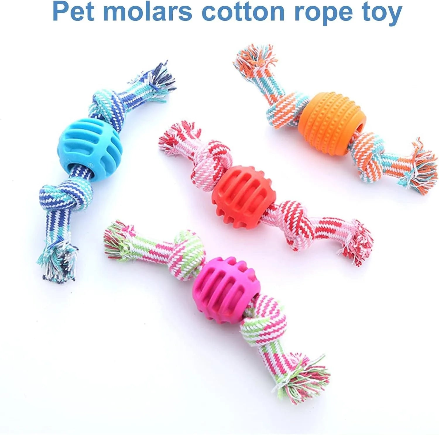 Blue molar-shaped dog chew toy with attached ropes for dental cleaning and tugging play.