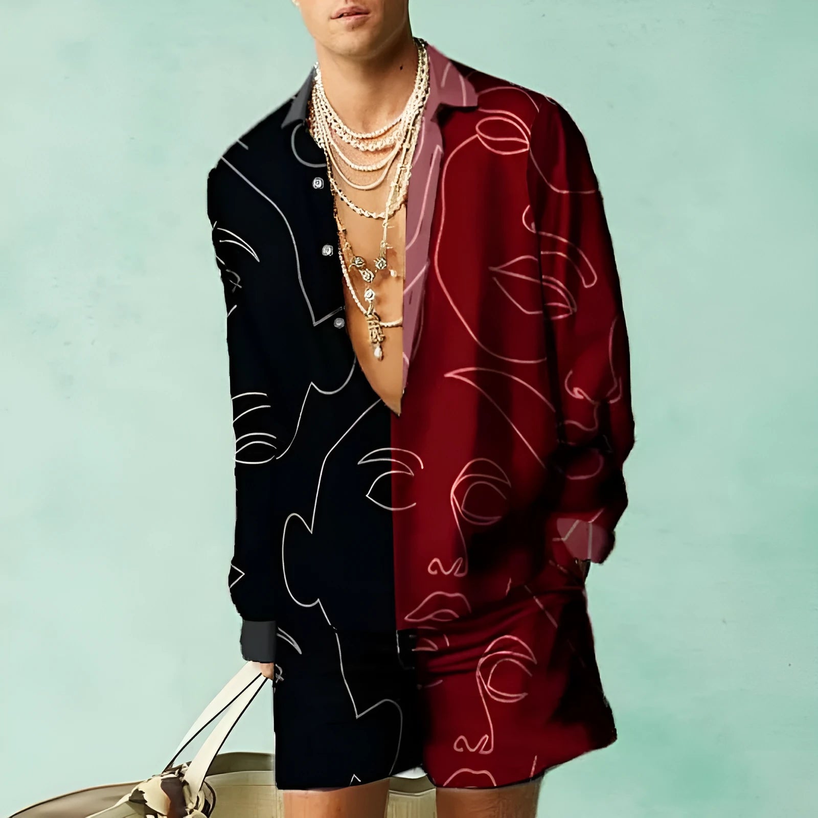 Men's blue polyester summer casual suit set featuring a long-sleeve shirt and matching shorts on a hanger.