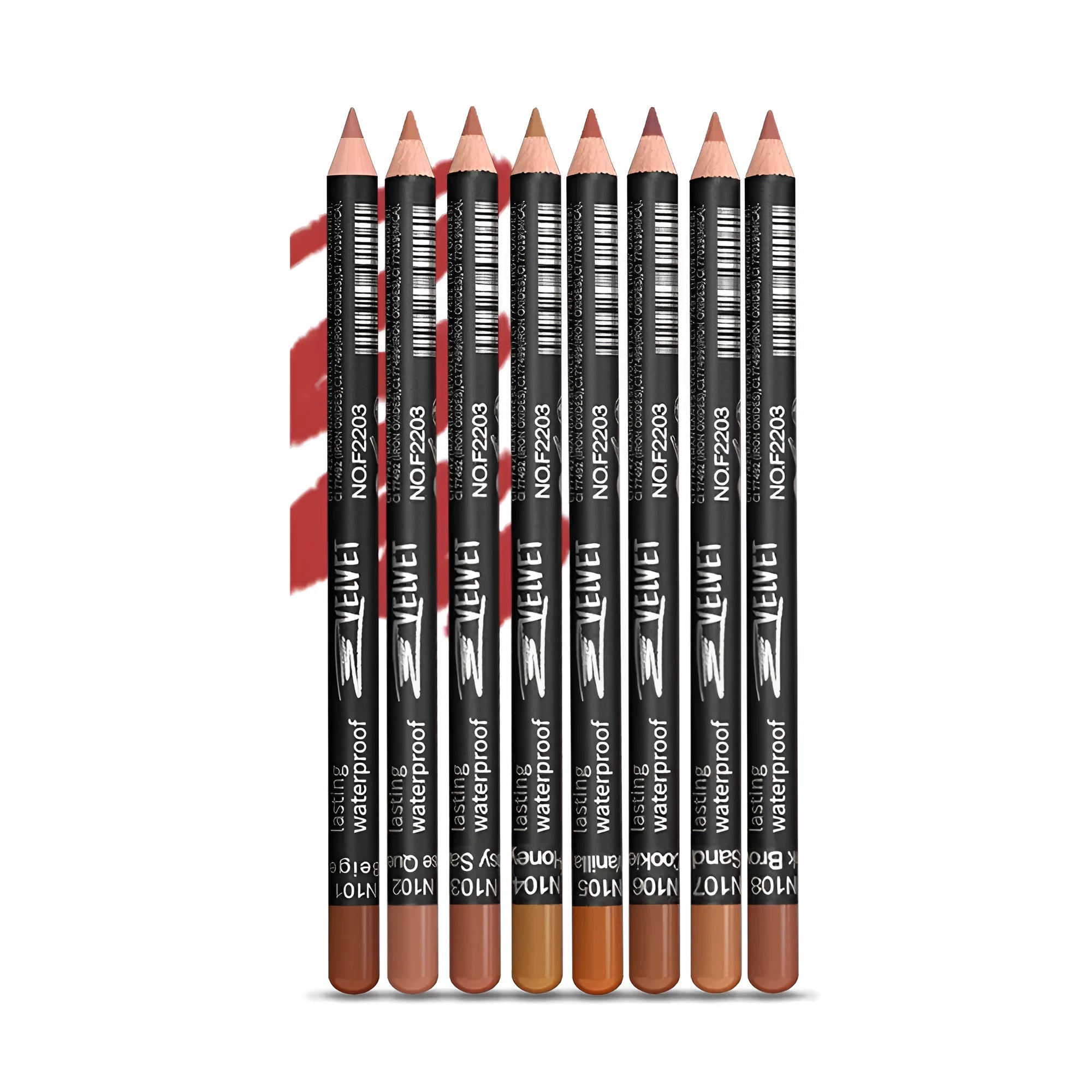 Matte wood lip liner pencil in 14 waterproof shades numbered 201 to 214