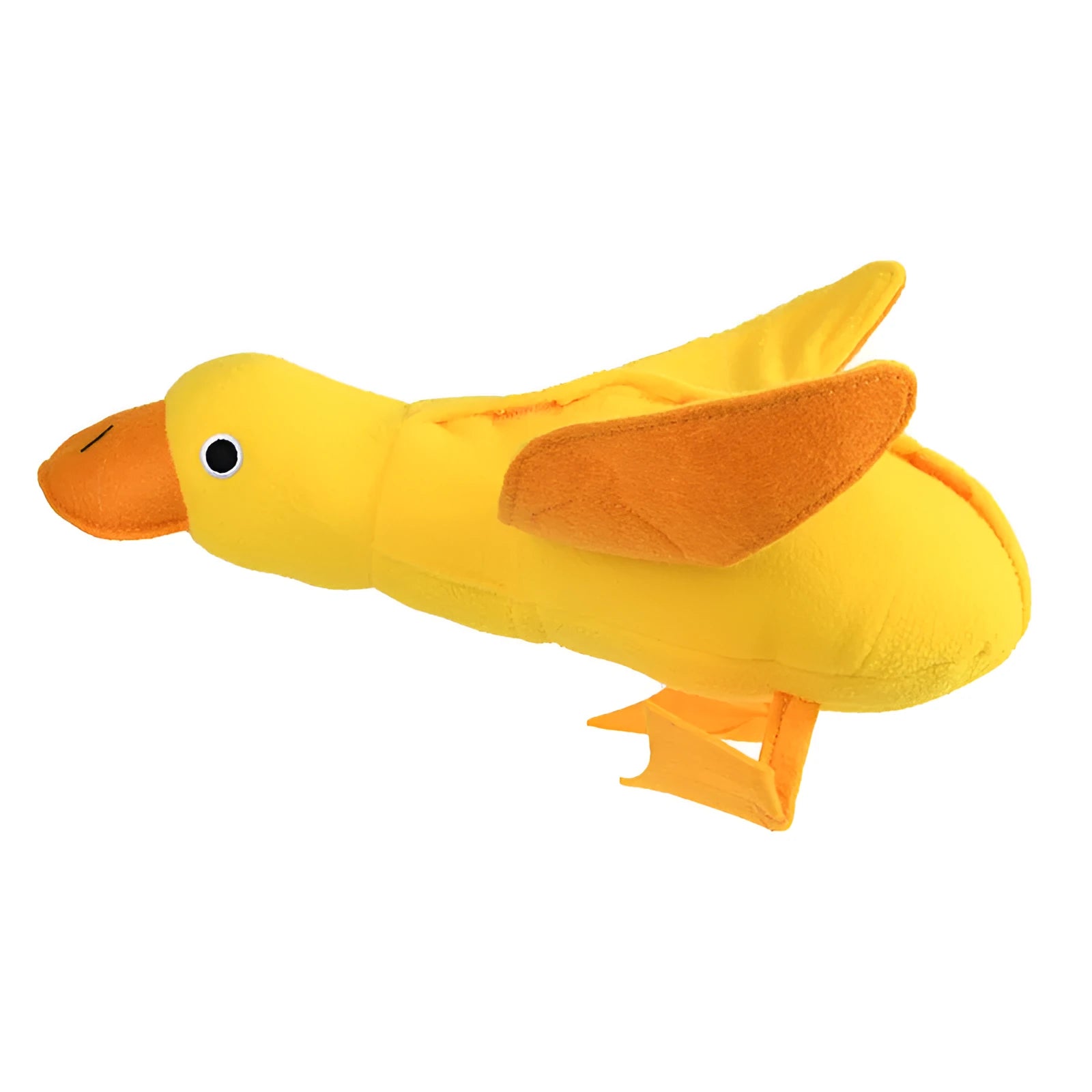 Yellow plush duck dog toy with a sound module and treat-dispensing openings.