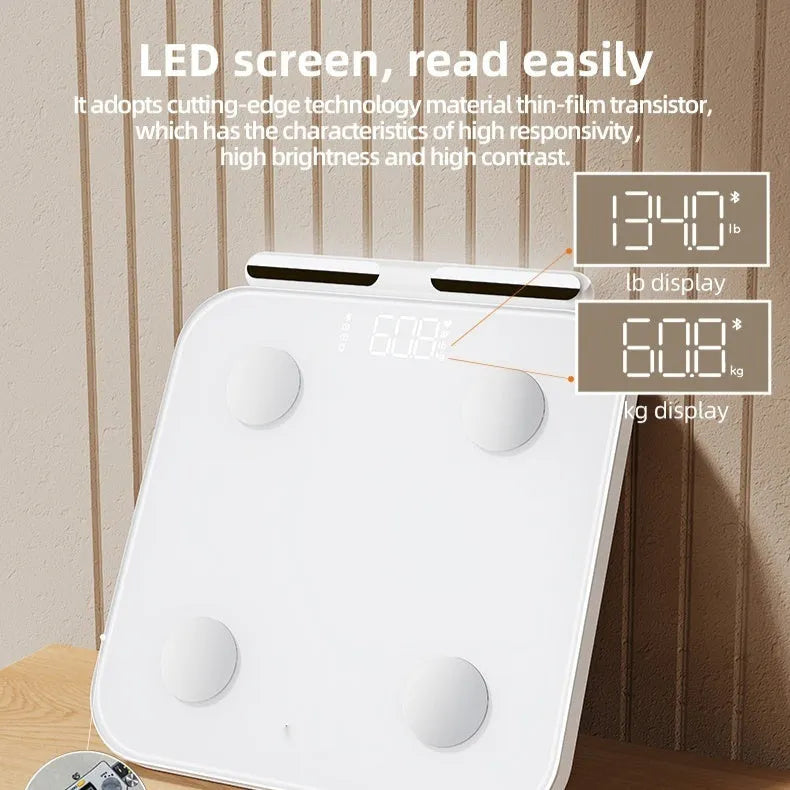 White professional body fat scale with eight electrodes and tempered glass platform