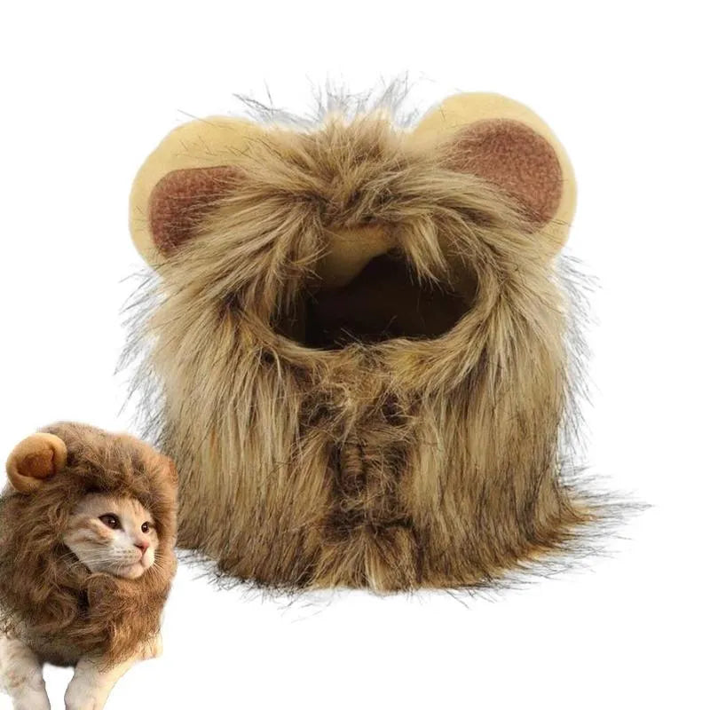 Adjustable lion mane wig accessory on a cat, showing plush artificial hair and elastic band.