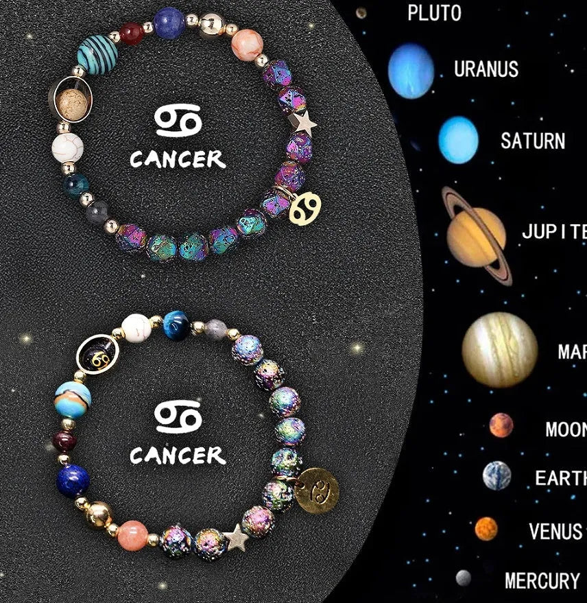 Two natural stone beaded bracelets with zodiac sign charms on a white background
