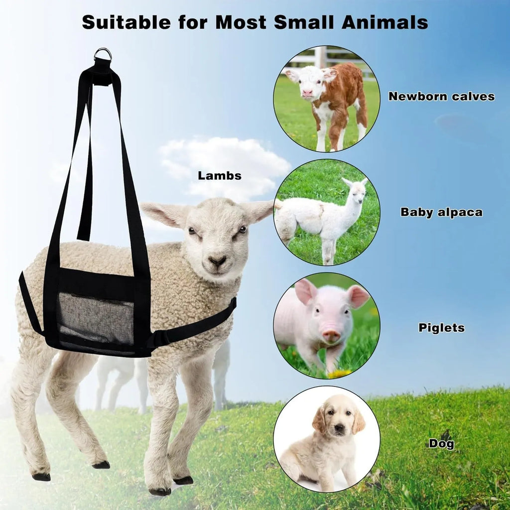 Black polyester livestock weighing sling with four handles, shown measuring 35 cm wide by 150 cm long.