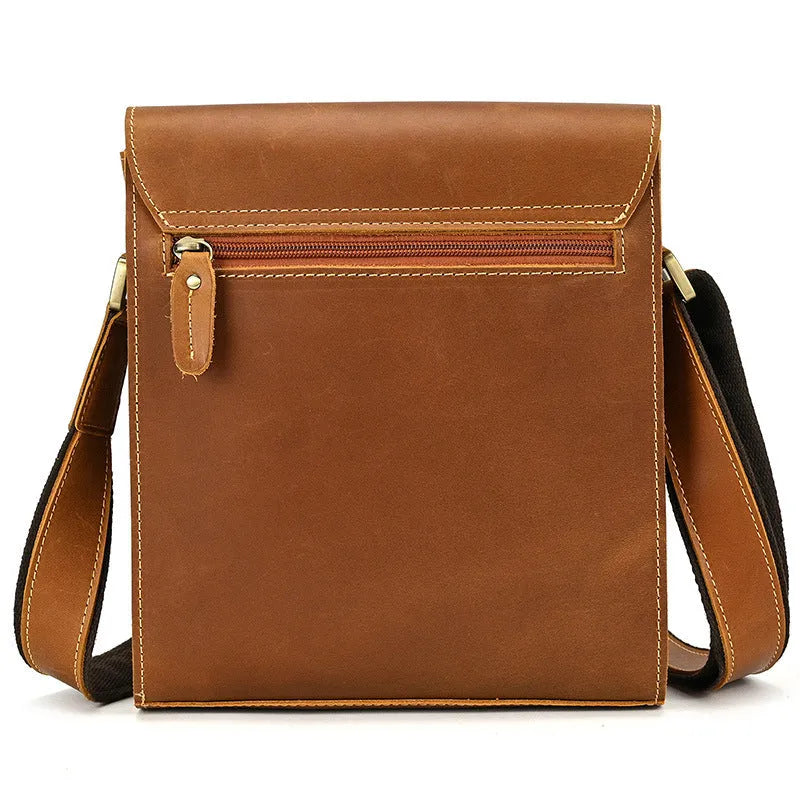 Brown men's leather crossbody shoulder bag with visible stitching and a long strap.