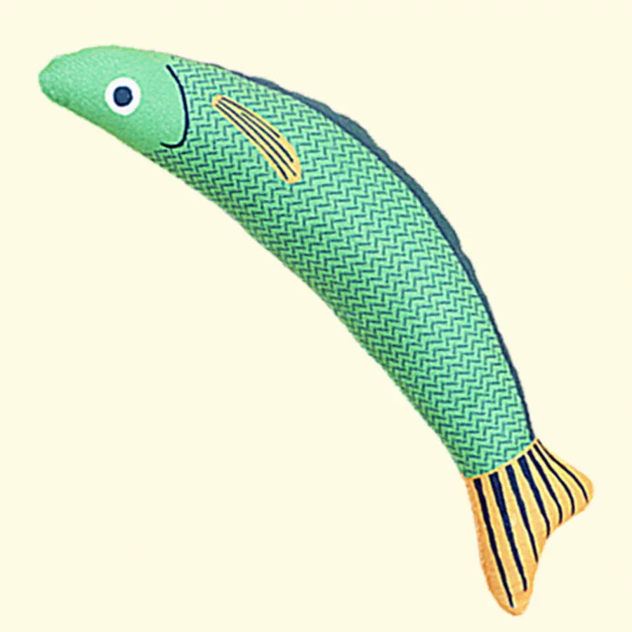 Green fish-shaped cat toy with organic catnip filling for indoor exercise