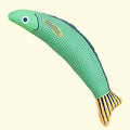 Green fish-shaped cat toy with organic catnip filling for indoor exercise