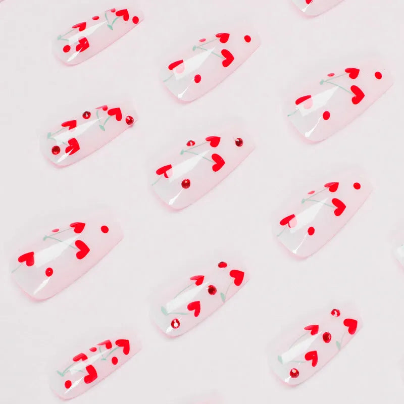 French tip nail art stickers with red diamond and cherry design, 24 self-adhesive pieces with adhesive glue