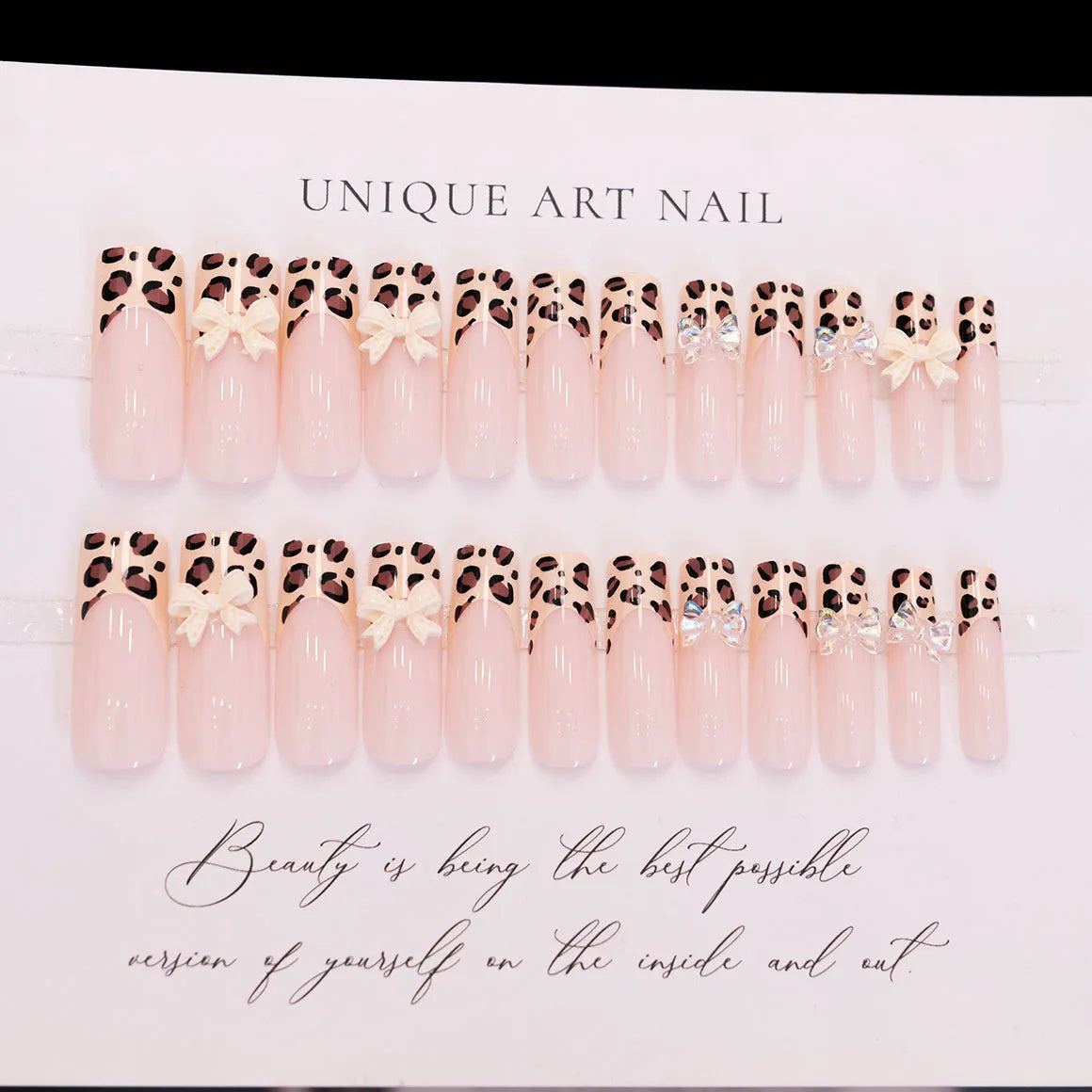 Leopard print butterfly design false nails set with 3D plastic decorations for women's nail art