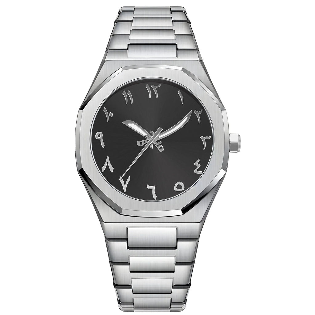 Men's business casual quartz watch with stainless steel band showing 10mm thickness