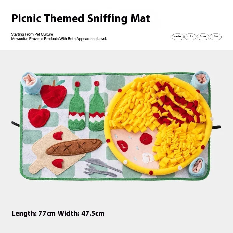 Fabric dog sniffing mat enrichment toy on a floor, Garden Camping theme.