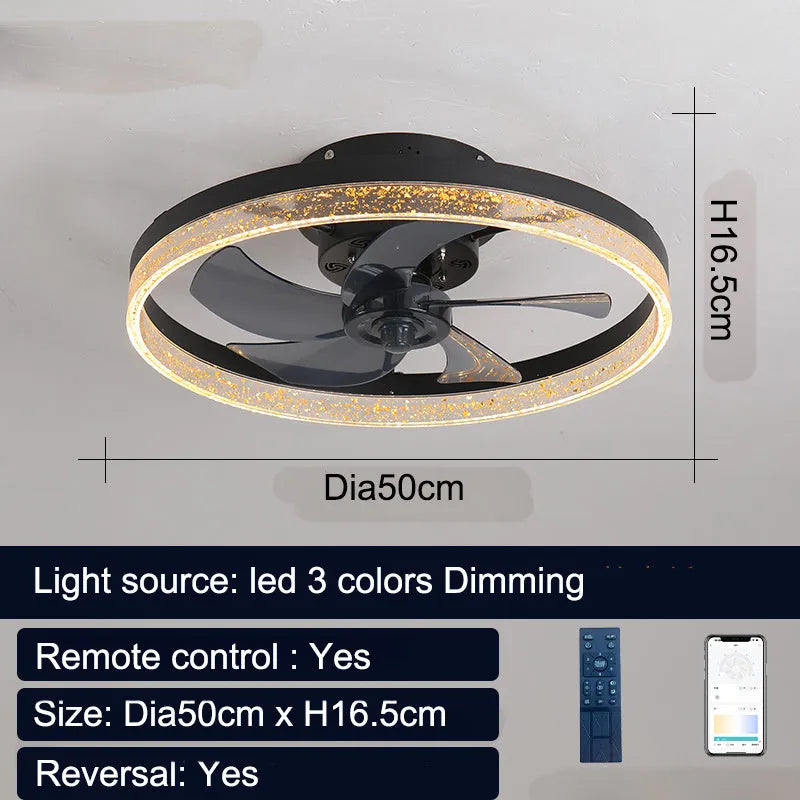 Nordic design remote control ceiling fan lamp with light, 50cm diameter in coffee gold finish.