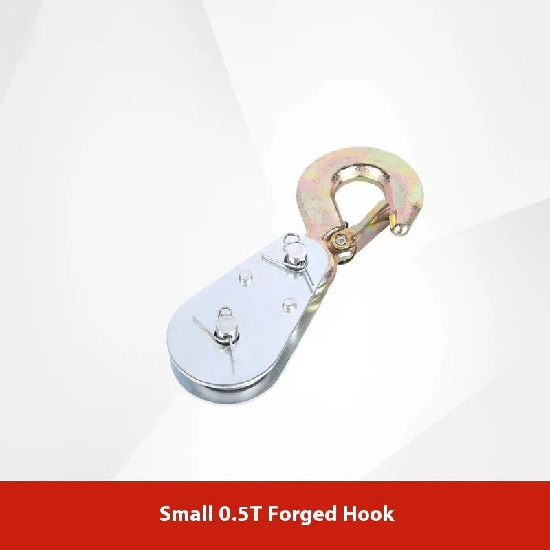 Red forged steel lifting pulley with a ring hook and safety latch for industrial general lifting applications.
