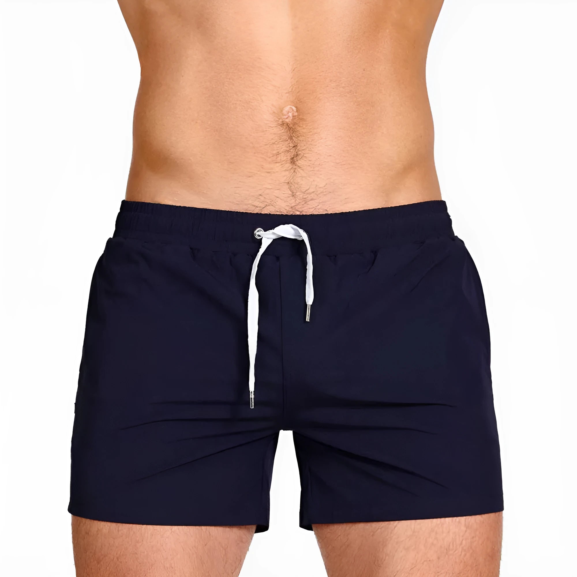 Men's solid colour polyester swimming shorts with mesh lining, shown in multiple colour options.