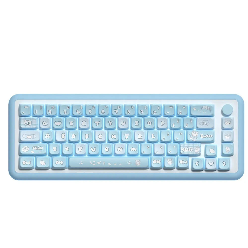 Watercolour kitten custom PBT keycap set for mechanical keyboards, showing 138-key and 158-key full set options