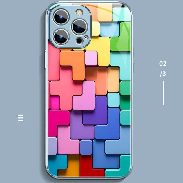 Colourful building block geometry pattern on a black silicone back cover case for an iPhone.