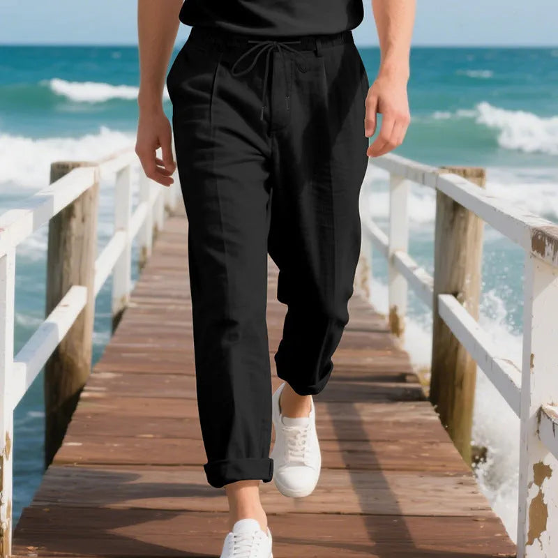 Men's linen casual trousers in straight leg style with drawstring waist in light khaki colour
