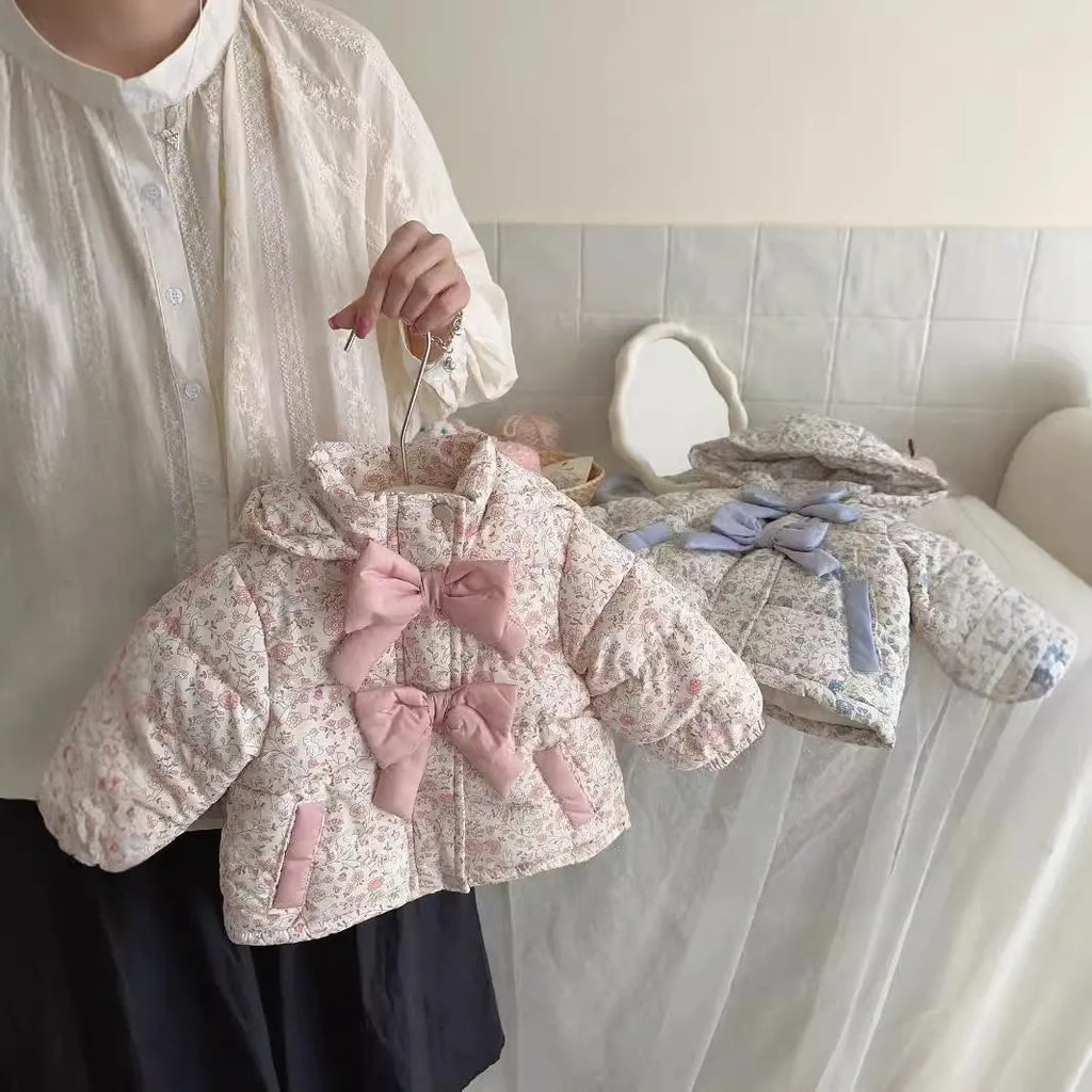 Baby girls winter floral print hooded jacket in blue and white porcelain blue with bow detail, zip-up front