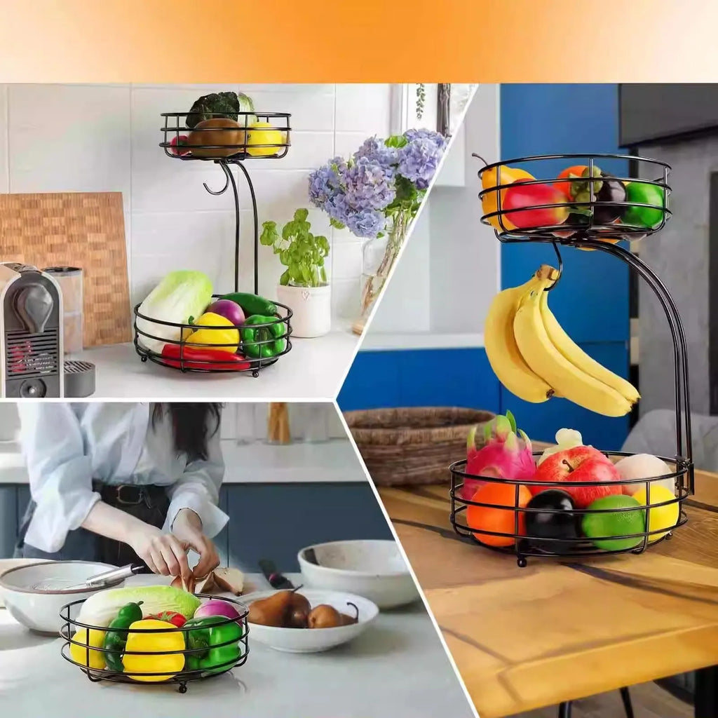 Black wrought iron double-layer fruit basket with open metalwork design