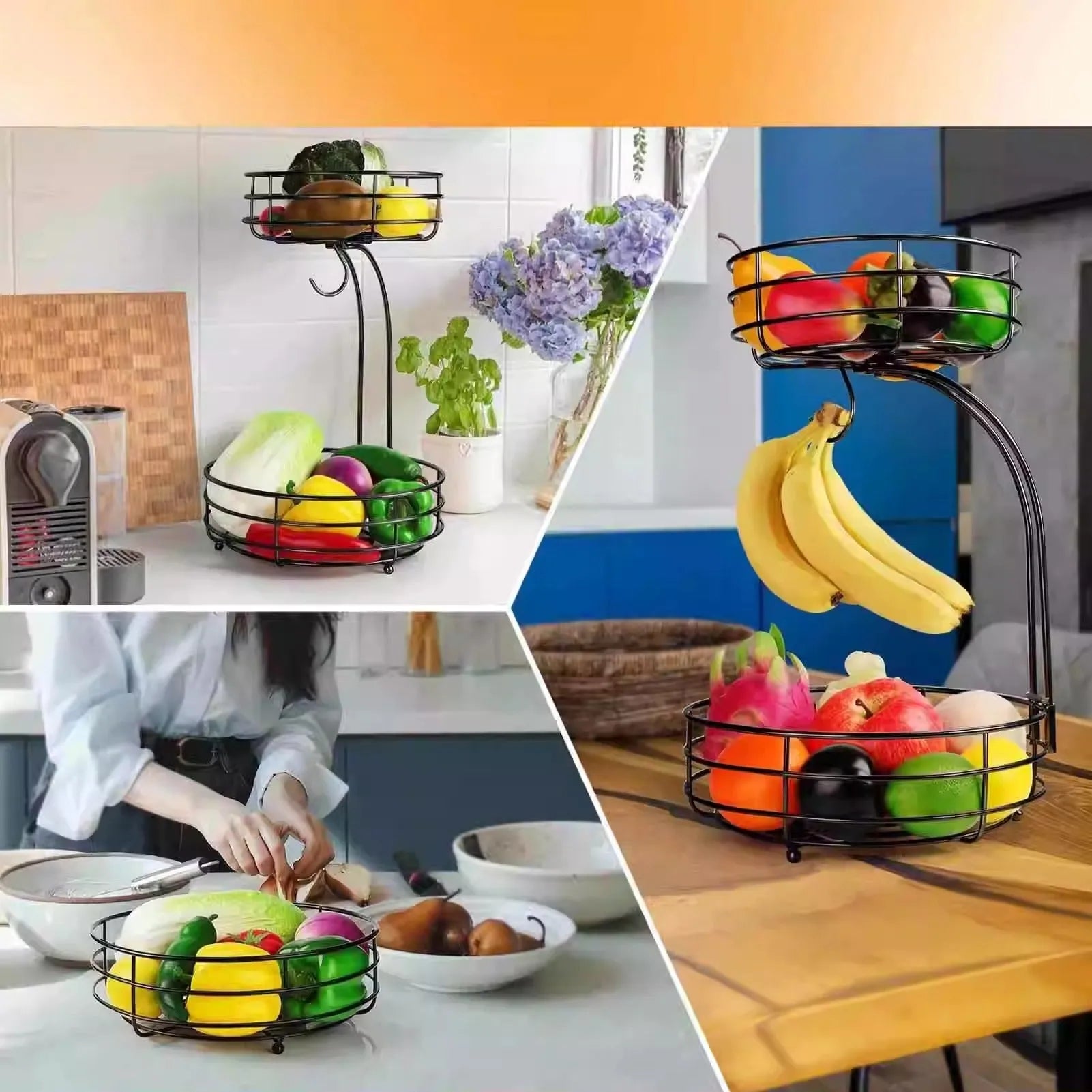 Black wrought iron double-layer fruit basket with open metalwork design